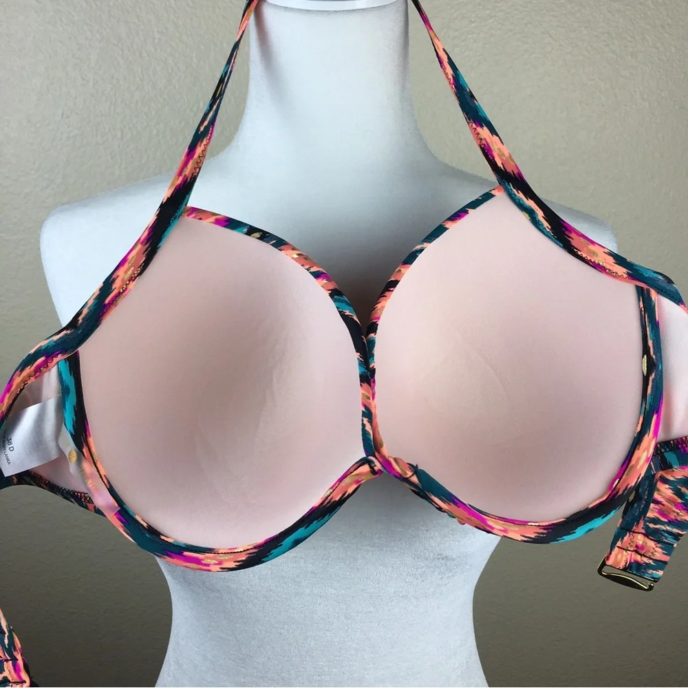 Push-Up Halter Bikini Top in Teal, Coral & Pink